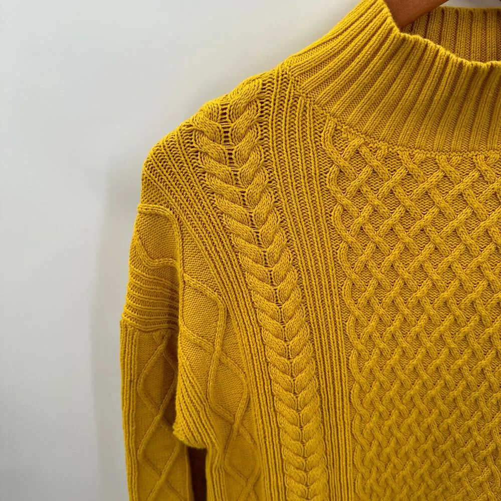 J. Crew Long Cotton Cable-Knit Mockneck Sweater in Mustard BD709 // XS